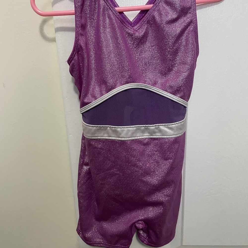 Girls, purple gymnastics one piece shorts leotard
